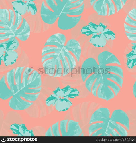 Tropical seamless pattern with palm monstera leaves and flowers, vector illustration