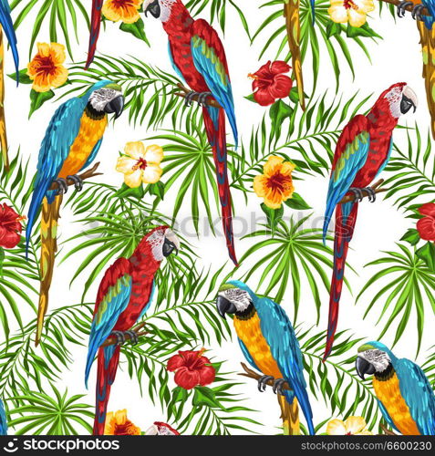 Tropical seamless pattern with parrots. Palm leaves, hibiscus flowers and exotic birds.. Tropical seamless pattern with parrots.