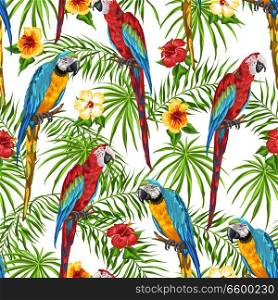 Tropical seamless pattern with parrots. Palm leaves, hibiscus flowers and exotic birds.. Tropical seamless pattern with parrots.