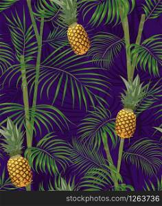 Tropical seamless pattern with pineapples, exotic palm leaves on dark background. Vector illustration.. Tropical seamless pattern with pineapples, exotic palm leaves on dark background.