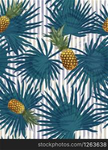 Tropical seamless pattern with pineapples, exotic palm leaves on striped background. Vector illustration.. Tropical seamless pattern with pineapples, exotic palm leaves on striped background.