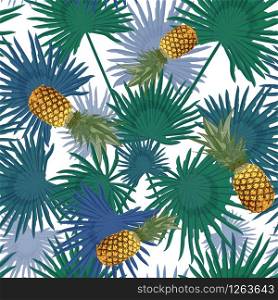 Tropical seamless pattern with pineapples, exotic palm leaves on white background. Vector illustration.. Tropical seamless pattern with pineapples, exotic palm leaves on white background.