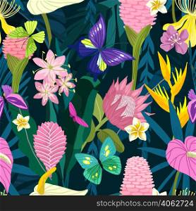 Tropical seamless pattern with pink tropical flowers and butterflies. Hand drawn vector illustration