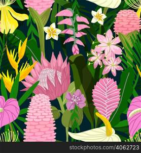 Tropical seamless pattern with pink tropical flowers including ginger and protea. Hand drawn vector illustration