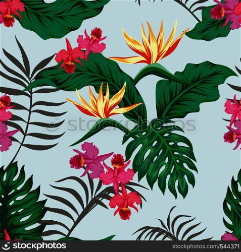 Tropical seamless pattern with plants and flowers vector light background