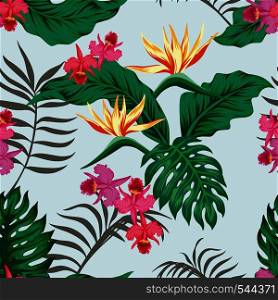 Tropical seamless pattern with plants and flowers vector light background