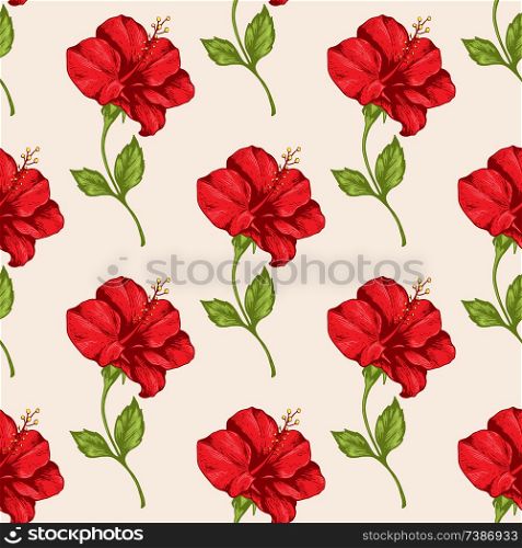 Tropical seamless pattern with red hibiscus flowers. Hand drawn vintage vector background.