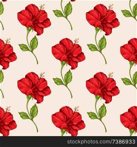 Tropical seamless pattern with red hibiscus flowers. Hand drawn vintage vector background.
