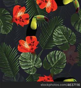 Tropical seamless pattern with toucan parrot, flowers and palm leaves, vector illustration