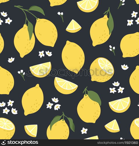 Tropical seamless pattern with yellow lemons. Summer print with citrus, lemons slices, fresh fruits and flowers in hand drawn style. Colorful vector background.