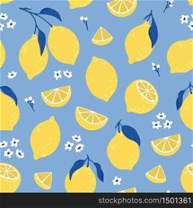 Tropical seamless pattern with yellow lemons. Summer print with citrus, lemons slices, fresh fruits and flowers in hand drawn style. Colorful vector background.