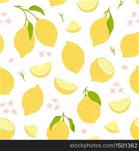 Tropical seamless pattern with yellow lemons. Summer print with citrus, lemons slices, fresh fruits and flowers in hand drawn style. Colorful vector background.