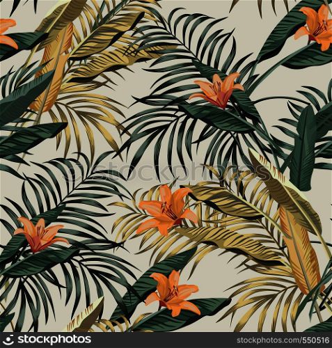 Tropical seamless realistic botanical pattern banana and palm leaves orange flowers lily on the white background