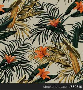 Tropical seamless realistic botanical pattern banana and palm leaves orange flowers lily on the white background