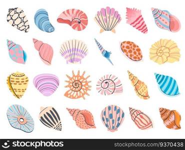 Tropical seashell. Cartoon clam, oyster and scallop shells. Colorful underwater conches of mollusk and sea snail. Ocean shellfish vector set isolated on white. Colorful undersea elements. Tropical seashell. Cartoon clam, oyster and scallop shells. Colorful underwater conches of mollusk and sea snail. Ocean shellfish vector set