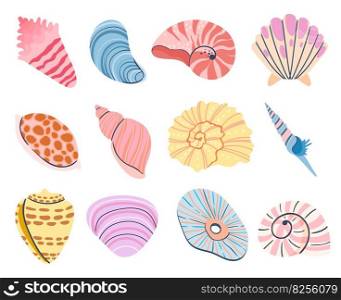 Tropical seashell. Cartoon clam, oyster and scallop shells. Vector of seashell sea underwater illustration. Tropical seashell. Cartoon clam, oyster and scallop shells