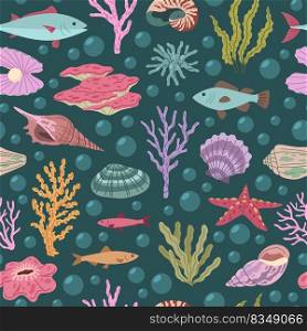 Tropical seashell seamless pattern. Ocean beach color objects, mineral underwater elements, colorful fish and starfish, seaweed and corals. Wrapping paper, marine textile print, tidy vector background. Tropical seashell seamless pattern. Ocean beach color objects, mineral underwater elements, fish and starfish, seaweed and corals. Wrapping paper, marine textile print, tidy vector background