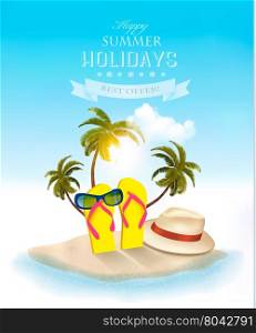 Tropical seaside with palms, a beach chair and a suitcase. Vacation background. Vector