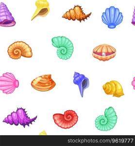 Tropical shells cartoon seamless pattern. Cute funny underwater characters vector illustration, fabric, paper print, background, textile. Tropical shells cartoon seamless pattern. Cute funny underwater characters