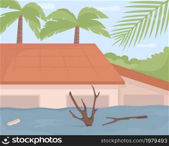 Tropical storms flat color vector illustration. Hurricane landfall consequences. Dangerous sea-level rise. Experiencing overland flooding 2D cartoon cityscape with palm trees on background. Tropical storms flat color vector illustration
