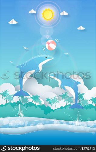 Tropical summer background, Dolphin playing ball in the ocean , Paper cut style