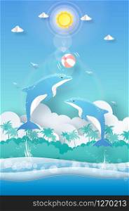 Tropical summer background, Dolphin playing ball in the ocean , Paper cut style