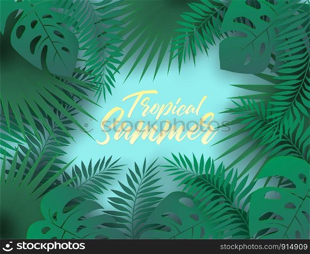 Tropical summer background . tropical leaves paper art style. Vector.