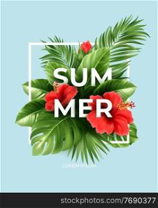 Tropical summer background. Tropical palm leaves, monstera with hibiscus flowers and Summer lettering. Vector illustration EPS10. Tropical summer background. Tropical palm leaves, monstera with hibiscus flowers and Summer lettering. Vector illustration