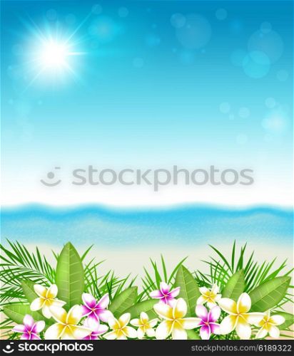 Tropical summer background with flowers and leaves. Pink and yellow tropical flowers and beach.