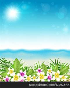 Tropical summer background with flowers and leaves. Pink and yellow tropical flowers and beach.
