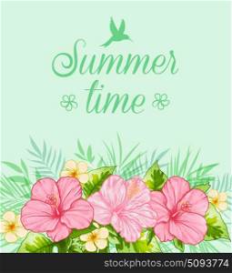Tropical summer background with green leaves and pink flowers.