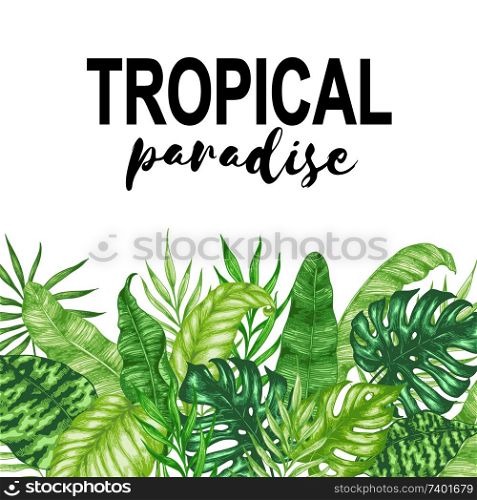 Tropical summer background with green palm leaves and lettering. Hand drawn vector illustration
