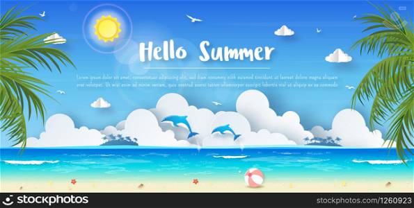 Tropical summer banner background, Colorful clear sky and dolphin in the ocean with copy space, Paper cut style