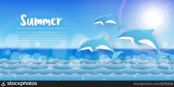 Tropical summer banner background, Dolphin jumping in the ocean, Paper cut style