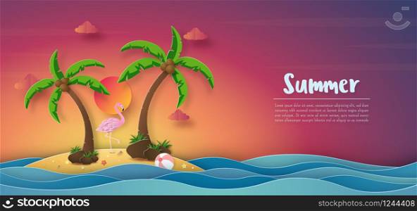 Tropical summer banner background, Sunset colorful sky and flamingo on the island with copy space, Paper cut style
