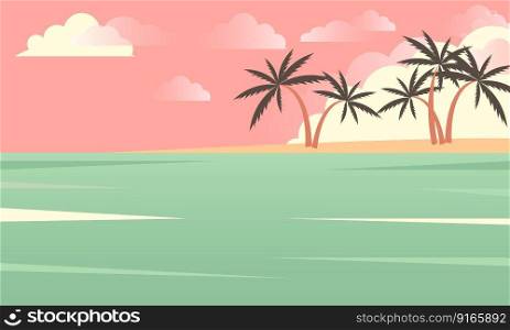 Tropical summer beach with palms. Paradise nature vacation, ocean or sea seashore. Seaside landscape, tropical beach relax or seaside landscape. Vector background illustration. Tropical summer beach with palms. Seaside landscape, tropical beach relax or seaside landscape.
