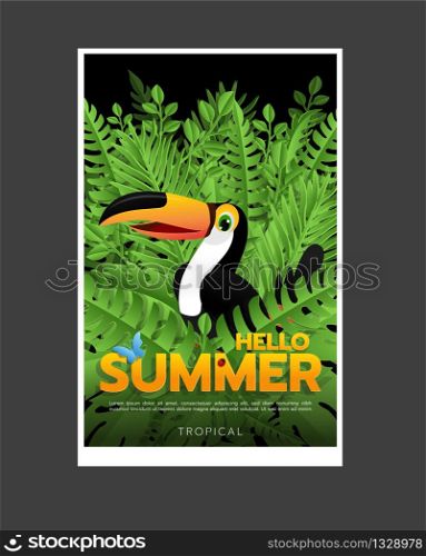Tropical summer design with birds, palm leaves and exotic flowers on a black background, card, poster, banner