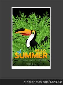 Tropical summer design with birds, palm leaves and exotic flowers on a black background, card, poster, banner