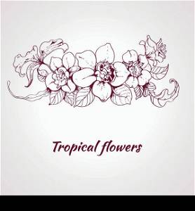 Tropical summer flower sketch decorative element on pale pink background vector illustration