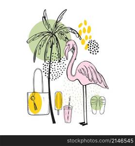Tropical summer. Hand drawn flamingos and palm trees. Vector sketch illustration.. Tropical summer. flamingos and palm trees.