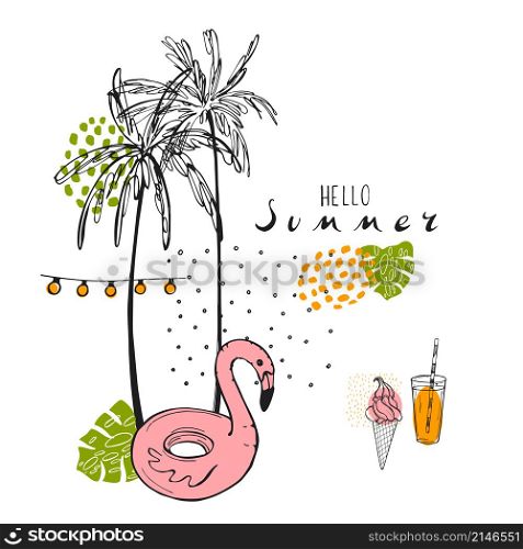 Tropical summer. Hand drawn flamingos and palm trees. Vector sketch illustration.. Tropical summer.Vector sketch illustration.