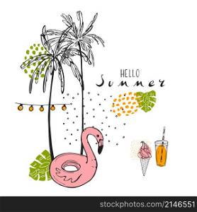 Tropical summer. Hand drawn flamingos and palm trees. Vector sketch illustration.. Tropical summer.Vector sketch illustration.