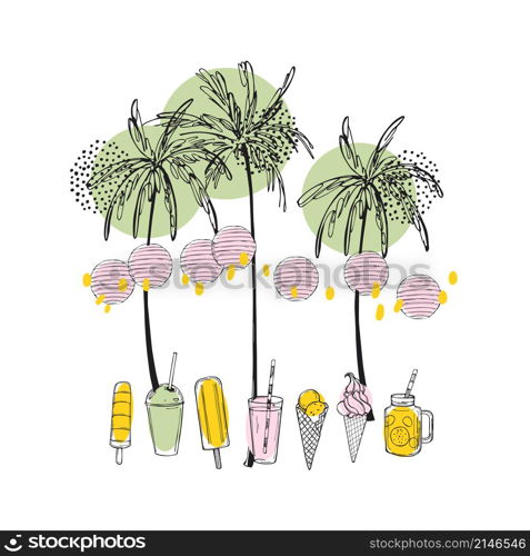 Tropical summer. Hand drawn palm trees, paper lanterns and ice cream. Vector sketch illustration.. Hand drawn palm trees, paper lanterns and ice cream.