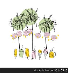 Tropical summer. Hand drawn palm trees, paper lanterns and ice cream. Vector sketch illustration.. Hand drawn palm trees, paper lanterns and ice cream.