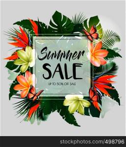Tropical Summer Sale Background With Exotic Leaves And Coloful Flowers. Vector