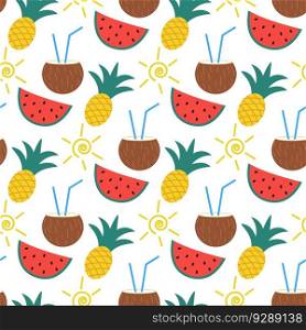 Tropical summer seamless pattern. Fruit colorful print for textile, paper, packaging, design. Background with sun, pineapple, coconut and watermelon, vector illustration. Tropical summer seamless pattern