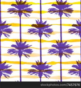 Tropical summer seamless pattern with coconut palms and yellow watercolor strips. Vector background