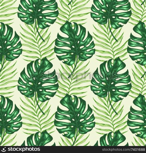 Tropical summer seamless pattern with green palm leaves. Hand drawn vector background