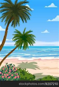 Tropical Summer Travel Poster, ocean, sea, palms, sky, beach. Tourism concept template, placard flyer postcard vintage style isolated. Tropical Summer Travel Poster, ocean, sea, palms, sky, beach. Tourism concept template