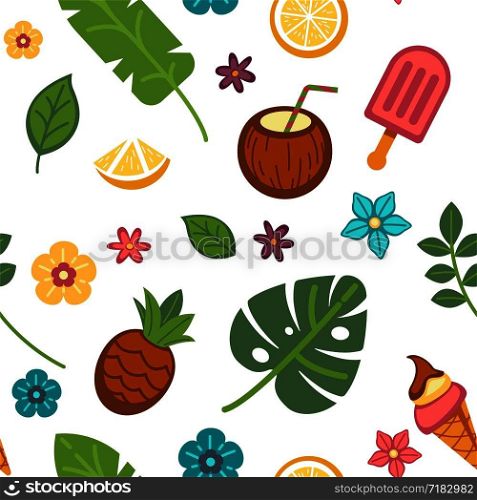 Tropical summer vacation seamless pattern background. Vector exotic palm leaf exotic tropic coconut and pineapple fruits, ice cream and cocktail. Tropical exotic summer vector pattern background